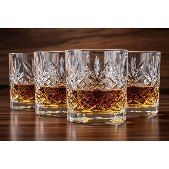 Premium Crystal Cut Old Fashioned Whiskey Glasses Set of 4, 10oz Lead-Free Rocks Glasses with Elegant Diamond Pattern, Heavy Base Tumblers for Bourbon, Scotch, Cocktails