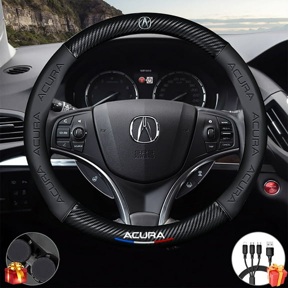 Premium Custom Fit Steering Wheel Cover for Acura - Genuine NAPA Leather & Carbon Fiber Design | Anti-Slip Grip | Includes Bonus Cup Mat & 3-in-1 Charging Cable (Black)