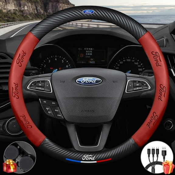 Premium Custom Fit Steering Wheel Cover for Ford - Genuine NAPA Leather & Carbon Fiber Design | Anti-Slip Grip | Includes Bonus Cup Mat & 3-in-1 Charging Cable (Red)