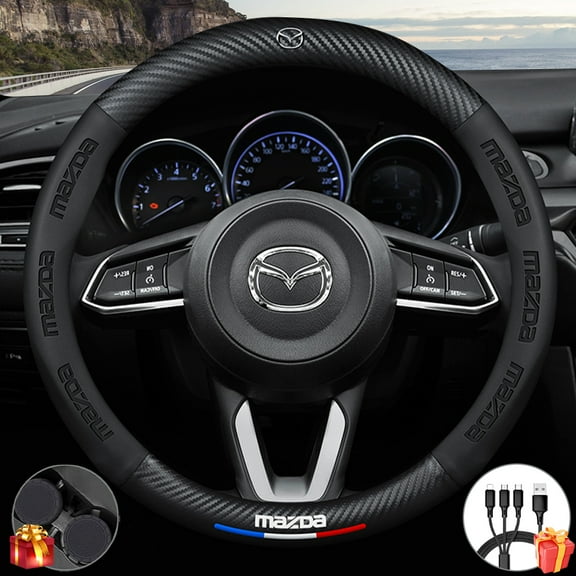 Premium Custom Fit Steering Wheel Cover for Mazda - Genuine NAPA Leather & Carbon Fiber Design | Anti-Slip Grip | Includes Bonus Cup Mat & 3-in-1 Charging Cable (Black)