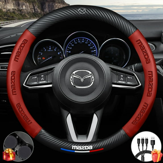 Premium Custom Fit Steering Wheel Cover for Mazda - Genuine NAPA Leather & Carbon Fiber Design | Anti-Slip Grip | Includes Bonus Cup Mat & 3-in-1 Charging Cable (Red)