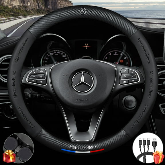 Premium Custom Fit Steering Wheel Cover for Mercedes-Benz - Genuine NAPA Leather & Carbon Fiber Design | Anti-Slip Grip | Includes Bonus Cup Mat & 3-in-1 Charging Cable (Black)