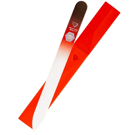 Premium Czech Glass Nail File with Hard Case, Bona Fide Beauty Professional Manicure Tool for Gentle Precision Filing – Red/Black