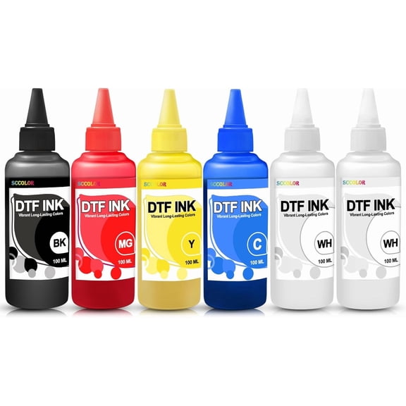 Premium DTF Ink 100ML 6PK Water Base Digital Inkjet Ink Refill for Direct to Film Printer - Replacement for Printhead DX5 DX7 5113 XP600 I3200 4720 TX800.2W 1B 1C 1M 1Y