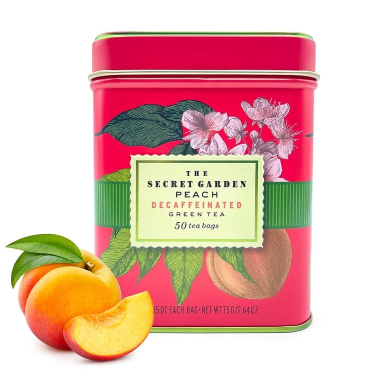 Premium Decaf Peach Herbal Green Tea Bags 50 Pack Designer Tin