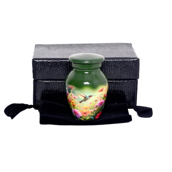 Premium Decor Green Humming Bird With Flower Cremation Keepsake Urn for Ashes, Handcrafted Memorial Urn with Velvet Bag ( 3 LBS)