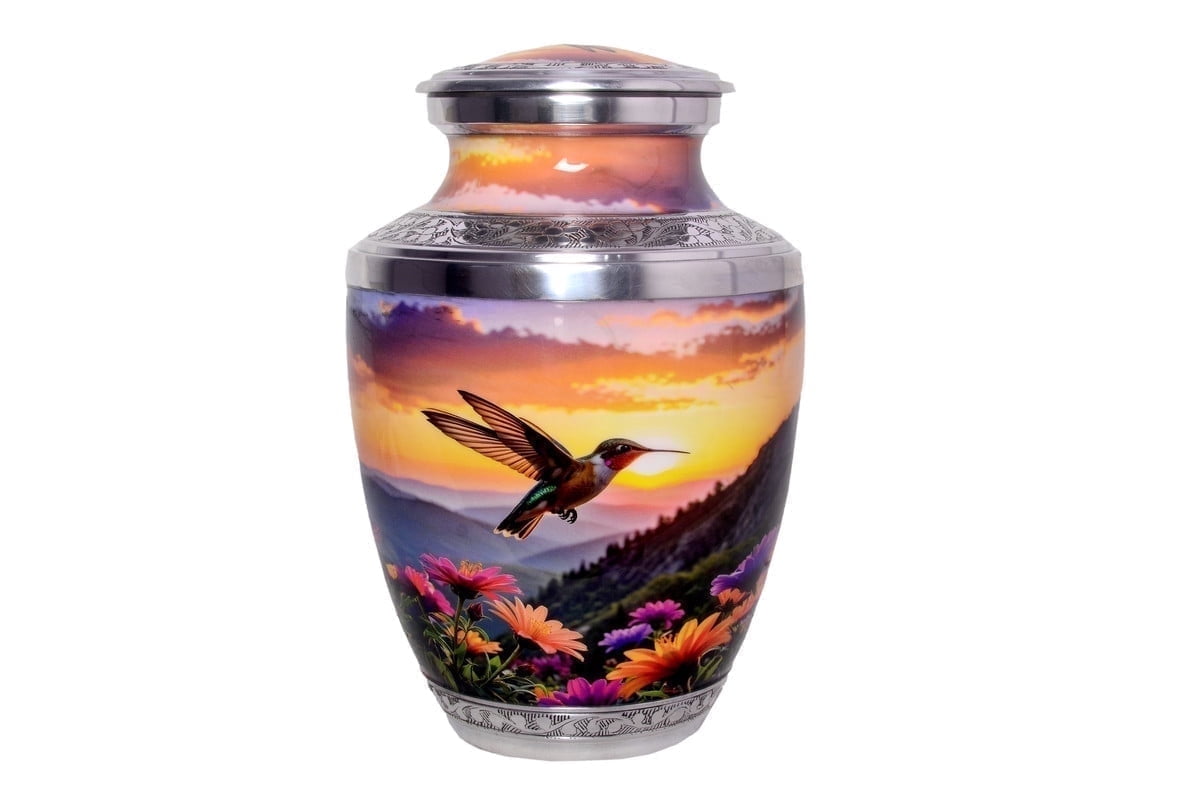 Premium Hummingbird Cremation Urn for Adult Ashes – Floral Engraved Metal Urn for Human Ashes up to 200 lbs
