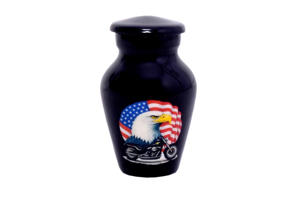Premium Decor Mini Keepsake Urn – US Flag Eagle with Harley Davidson Bike Design – Handcrafted Metal Cremation Urn for Human Ashes – 3" Memorial Urn with Velvet Box