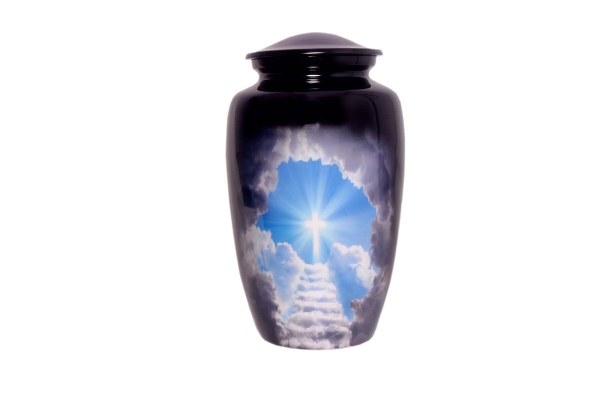 Premium Decor Stairway to Heaven Cross Cremation Urn – Large Funeral Urn for Adult Human Ashes – Memorial Burial Keepsake for Men & Women – Holds Up to 200 lbs