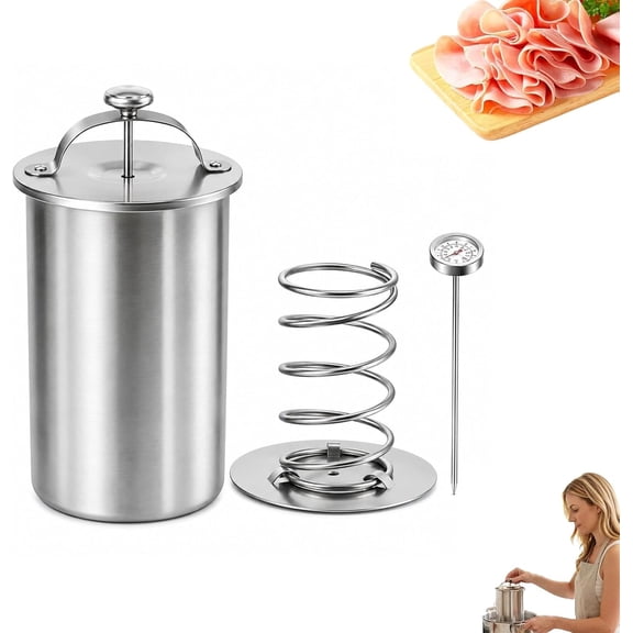 Premium Deli Meat Press Kit, 304 Stainless Steel Ham Maker with Thermometer, 2-2.5 Lbs Capacity, Easy to Use & Dishwasher Safe for Homemade Ham, Luncheon Meat, Bacon - Home & Commercial Use (Silver)
