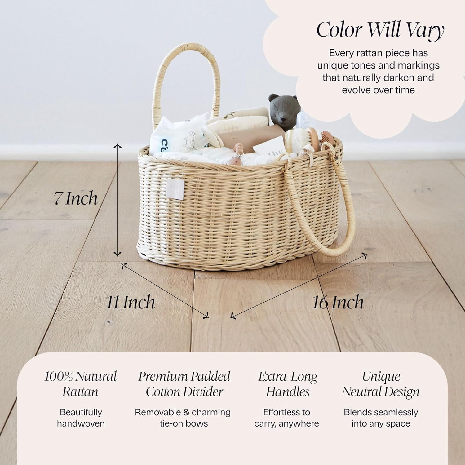 Premium  Diaper Caddy Organizer - Handmade Rattan Basket With Cotton Divider - Award-Winning & Luxury Diaper Caddy Basket - (SAVANNAH)