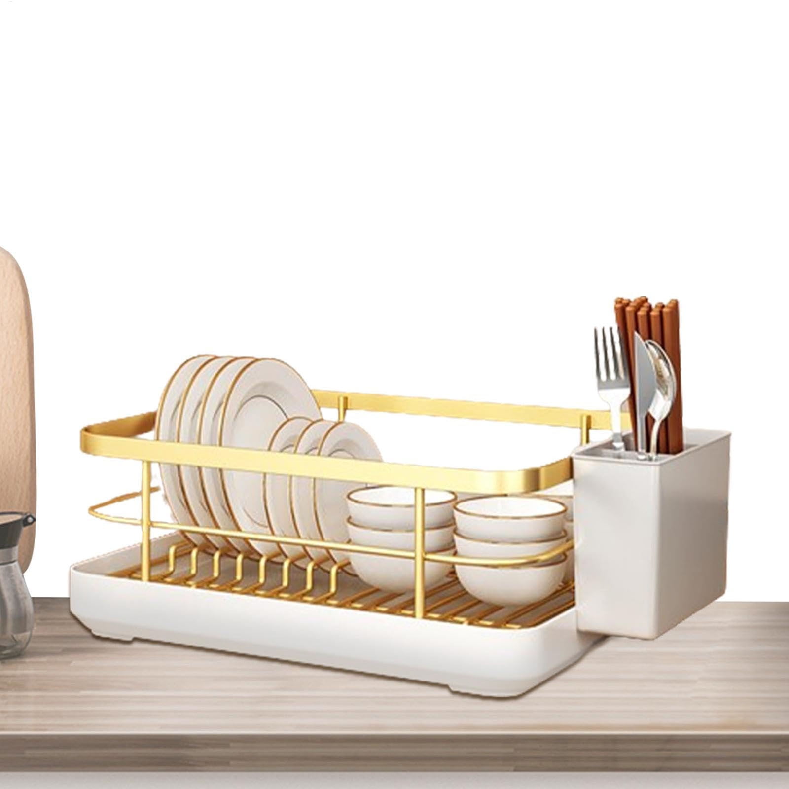 Dish Drying Rack for Kitchen Counter with Large Capacity Cutlery Holder & Removable Tray, Space-Saving Dish Drainer Rack for Dishes, Spoons,Forks,Chopsticks,Bowls,and Cups