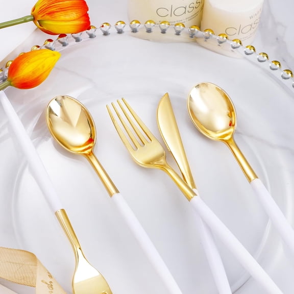 White & Gold Plastic Silverware Party Set - 300 Pcs