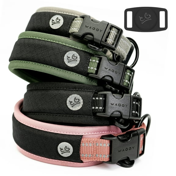 Premium Dog Collar with Apple AirTag Holder, Adjustable 3M Reflective Padded, Black, Medium
