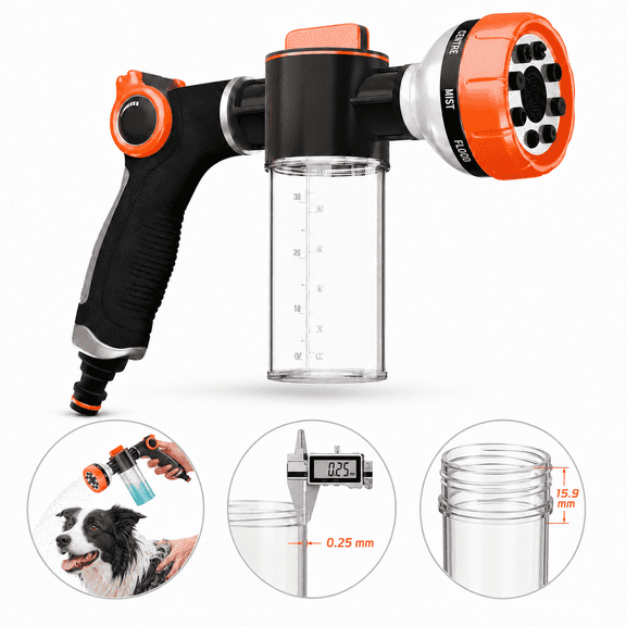 Premium Dog Washing Hose Attachment,8-Pattern Dog Bath Sprayer, Easy-Control Hose Nozzle with Soap Dispenser for Garden, Pet Shower and Car Wash