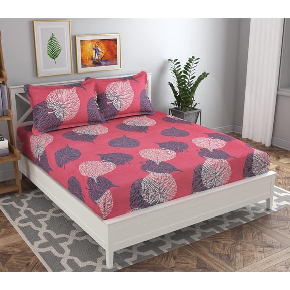 Premium Double Bedsheet With 2 Pillow Covers - 86 X 90 Inches, Pink & Grey | 160 TC Super Soft Glace Cotton - Breathable & Wrinkle Free - 3 Pcs Set