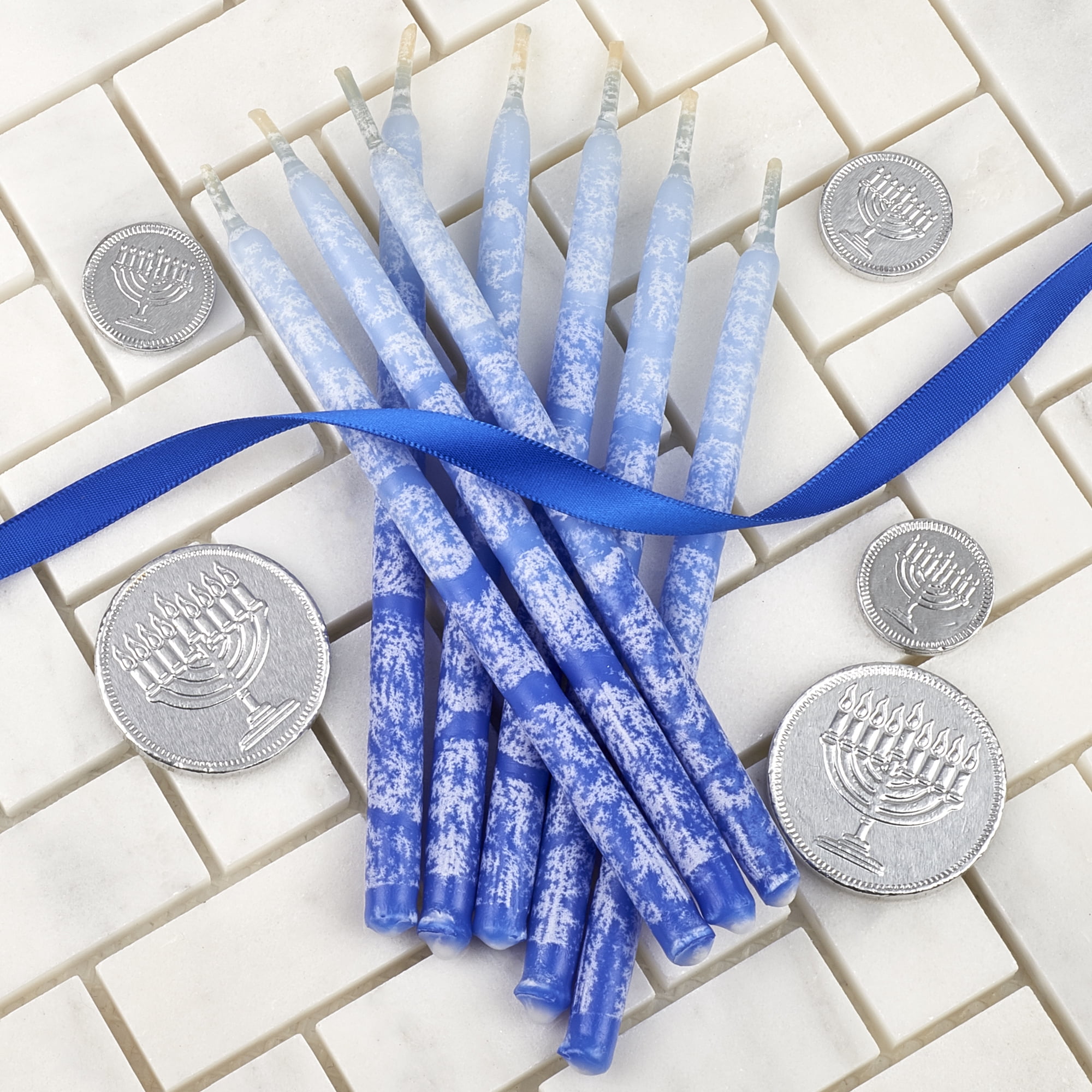 Premium Dripless Hanukkah Candles Multi Blues Frosted Thin Tapered Chanukah Candle Set of 45 Enough for Eight Nights of Hanukah Includes a DIY Dreidel, Prayer Card with Chanukah Song - Aviv Judaica