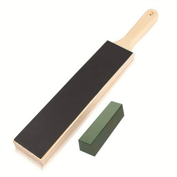 Premium Dual-Sided Faux Leather Strop Kit with Polishing Compound - Ergonomic Wooden Handle for Comfortable Grip, Ideal for Sharpening & Honing Knives, Woodcarving Tools - Black