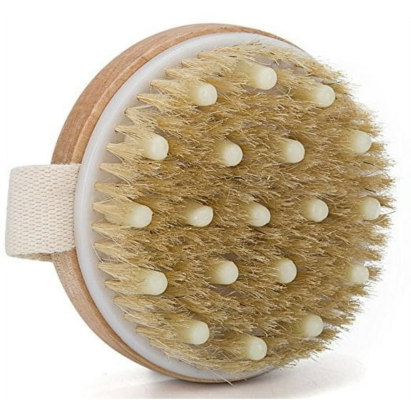 1-Pack Dual-Use Natural Bristle Body Brush Dry & Wet Exfoliating Massage Brush for Cellulite, Lymphatic Drainage & Skin Detox, Solid Wood Handle TIKA