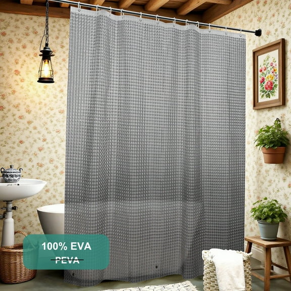 Premium EVA Waterproof Shower Curtain Liner, Durable Bathroom Shower Curtain with 12 Hooks and 3 Magnets, 72 x 72 inches, Clear Gray Checkered