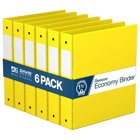 Premium Economy 1.5-Inch Binders, 3-Ring Binders for School, Office, or Home, Colored Binder Notebooks, Pack of 6, Round Ring, Yellow