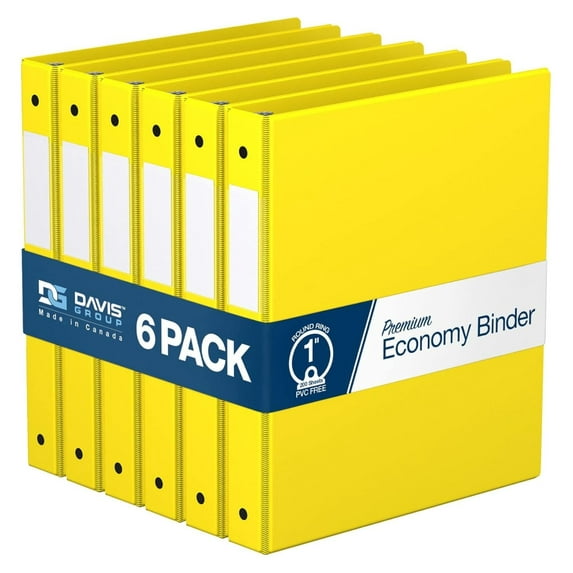 Premium Economy 1-Inch Binder, 3-Ring Binder for School, Office, or Home, Colored Binder Notebook, Pack of 6, Round Ring, Yellow