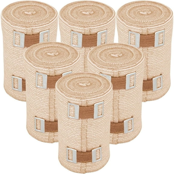 Premium Elastic Bandage Wrap (3" Wide, 6 Pack) - Made of USA Grown Soft Woven Cotton - Metal Clip Fasteners - GT Latex Free Roll for Sprains & Injuries (Beige)