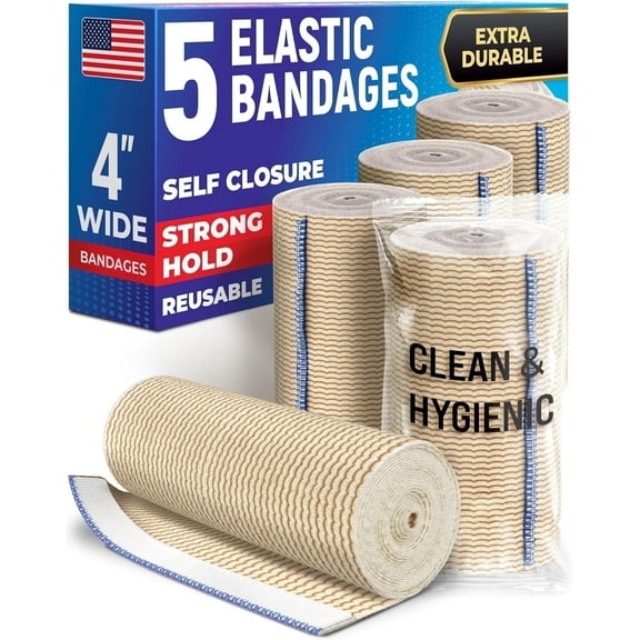Premium Elastic Bandage Wrap - 4” (5pk) - Strong Compression - Self-Closing Reusable Bandages for Legs and Arms - Wrist, Elbow, Foot, Knee Wrap