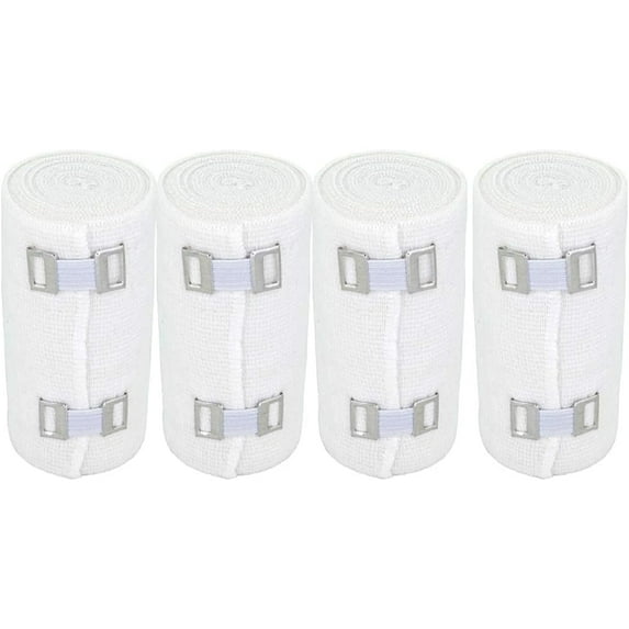 Premium Elastic Bandage Wrap (4" Wide, 4 Pack) - Made of USA Grown Soft Woven Cotton - Metal Clip Fasteners - GT Latex Free Hypoallergenic Compression Roll for Sprains & Injuries (White)