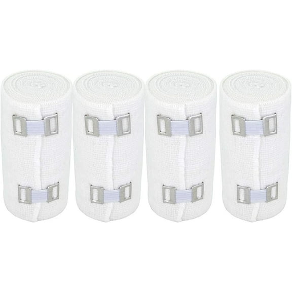 Premium Elastic Bandage Wrap (4" Wide, 4 Pack) - Made of USA Grown Soft Woven Cotton - Metal Clip Fasteners - GT Latex Free Hypoallergenic Compression Roll for Sprains & Injuries (White)