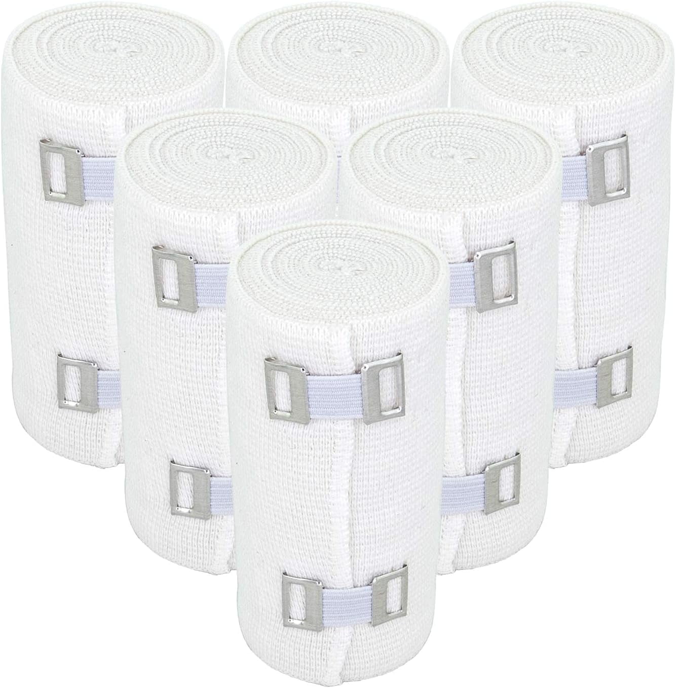 Premium Elastic Bandage Wrap (4" Wide, 6 Pack) - Made of USA Grown Soft Woven Cotton - Metal Clip Fasteners - GT Latex Free Hypoallergenic Compression Roll for Sprains & Injuries (White)