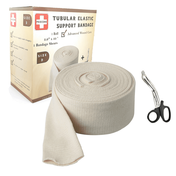 Premium Elastic Tubular Medical Bandage - Size D Stockinette, 3.0 inches x 33 Feet Plus on Pair of Medical Scissors
