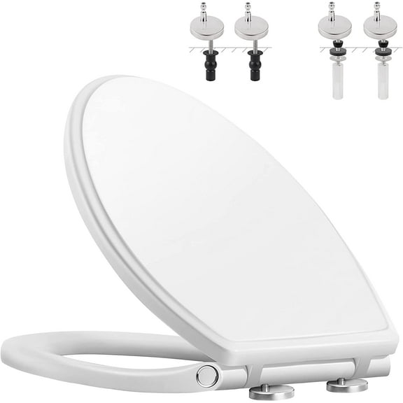 Premium Elongated Toilet Seat with Cover(Oval) Quiet Close, One-Click to Quick Release, Easy Installation Never Loosen Hinge, Slow Close Toilet Seat and Cover, Easy Cleaning-White Color