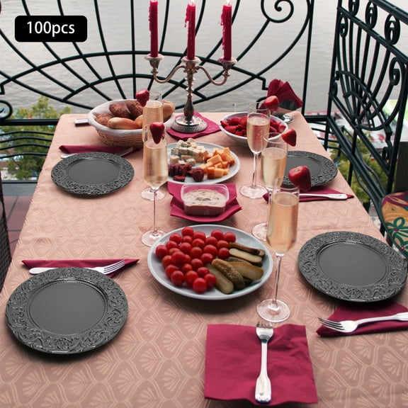 Premium Embossed Rim Charger Plates – Modern Round Design, Impact-Resistant PP Material – 100pcs Set for Birthday Parties, Camping & Daily Use Gold/Black/Silver/Green(Optional)