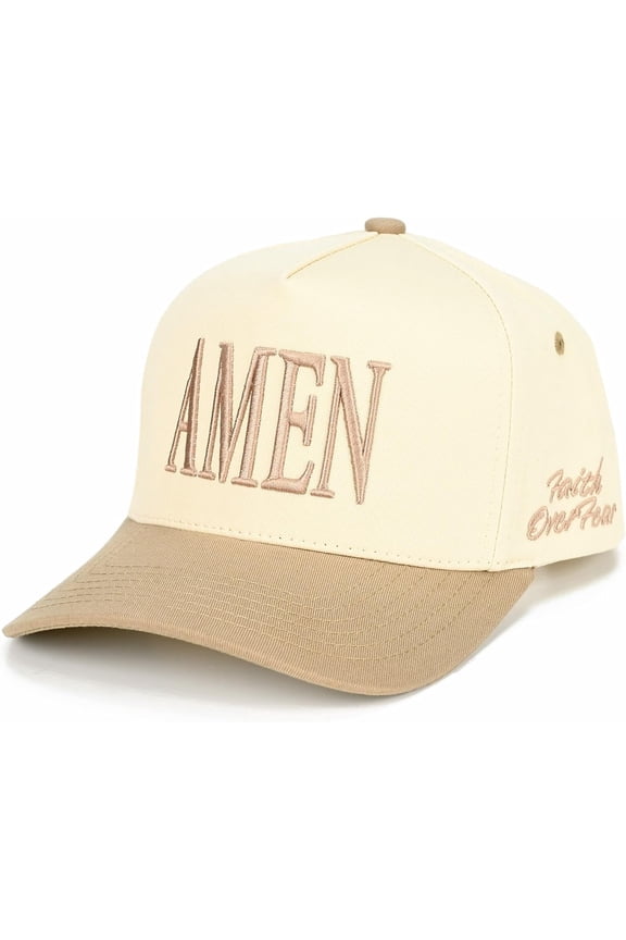Premium Embroidered Trucker Hat | Amen Faith Over Fear Hat (Beige/Natural)
