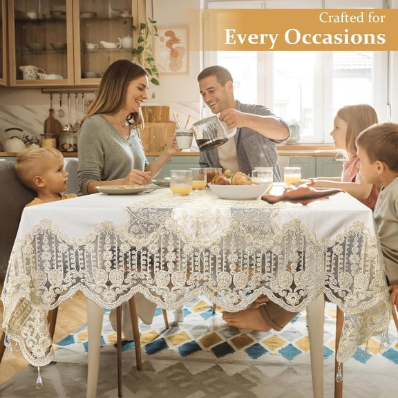 Premium Embroidery Tablecloth, White Lace & Satin Blend, Floral Boho Design, Vintage Italian Style, Sunflower & Butterfly Patterns, Farmhouse Spring Decor, (beigeFC118, 60in*90in)