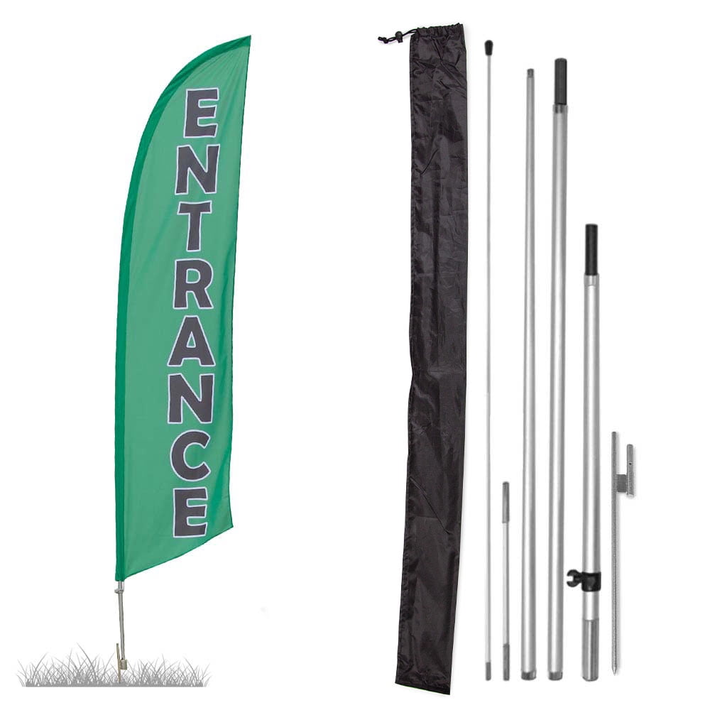 Premium Entrance Feather Flag Kit - Includes 13ft Sectional Aviation Grade Fiberglass Poles, Entrance Flag, Ground Spike, and Pole Sleeve Bag