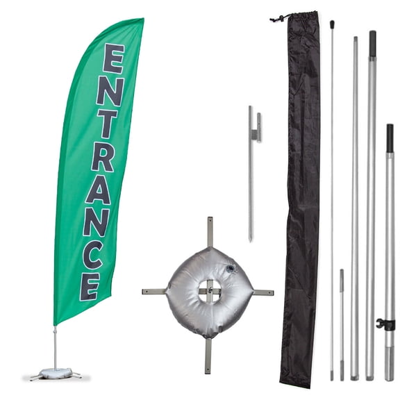Premium Entrance Feather Flag Kit - Includes 13ft Sectional Aviation Grade Fiberglass Poles, Entrance Flag, Cross Base, Weight Bag, Ground Spike, and Pole Sleeve Bag