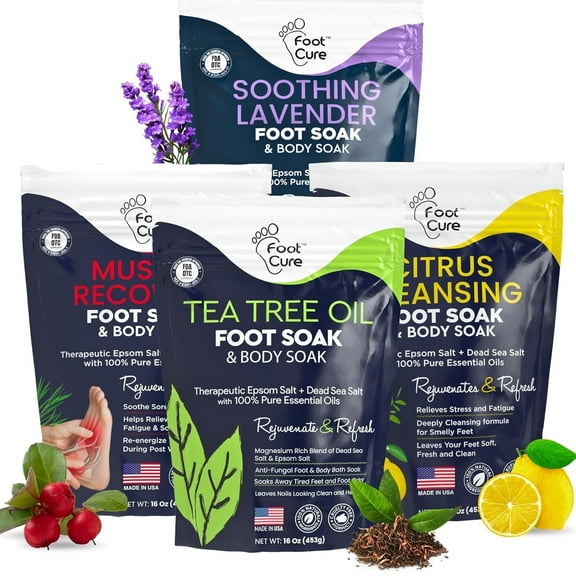 Foot Cure Premium Epsom Salt Foot Soak - Tea Tree Oil Foot Soak for Athletes, Muscle Recovery, Citrus Detox, Soothing Lavender Soak for Tired Feet - 4Pack