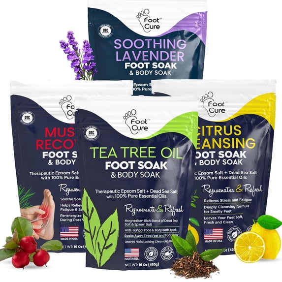 Foot Cure Premium Epsom Salt Foot Soak - Tea Tree Oil Foot Soak for Athletes, Muscle Recovery, Citrus Detox, Soothing Lavender Soak for Tired Feets - 4Pack