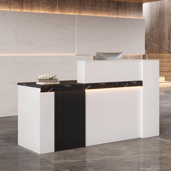 71" L-Shaped Reception Desk with Keyboard Tray & LED Lights – Modern Commercial Front Counter with Lockable Drawer, Storage Shelves & Cable Grommet for Office, Salon, Clinic (White & Black, Left)