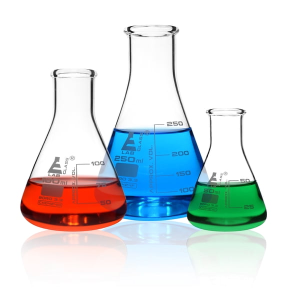 Premium Erlenmeyer Flask Set - 50ml, 100ml & 250ml - Narrow Neck, White Graduations - Superior Durability & Chemical Resistance - Borosilicate 3.3 Glass - Eisco Labs