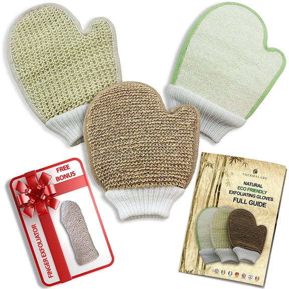 Premium Exfoliating Gloves Set: The Ideal Eco Friendly Gift! Natural Bath, Shower, Spa Body Scrubber Exfoliator Pack: Bamboo Fiber and Natural Loofah, Jute and Sisal Wash Mitts
