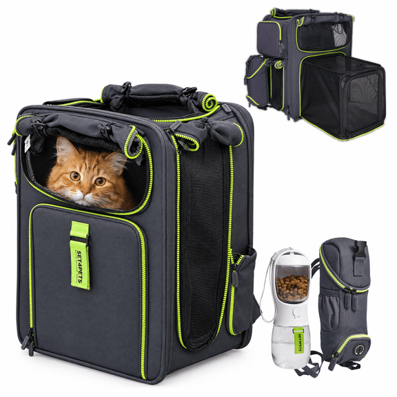 Premium Cat Carrier Backpack – Expandable Rigid Frame, Breathable, Car Seat Belt, Includes 3-in-1 Bottle up to 25 lbs