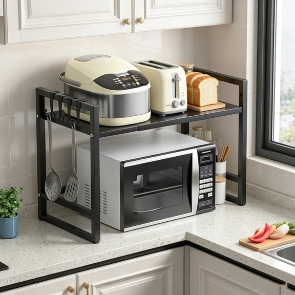 Premium Expandable Microwave Stand with Hooks - Rust-Resistant Metal Kitchen Counter Organizer, Durable Storage Solution for Your Home Kitchen