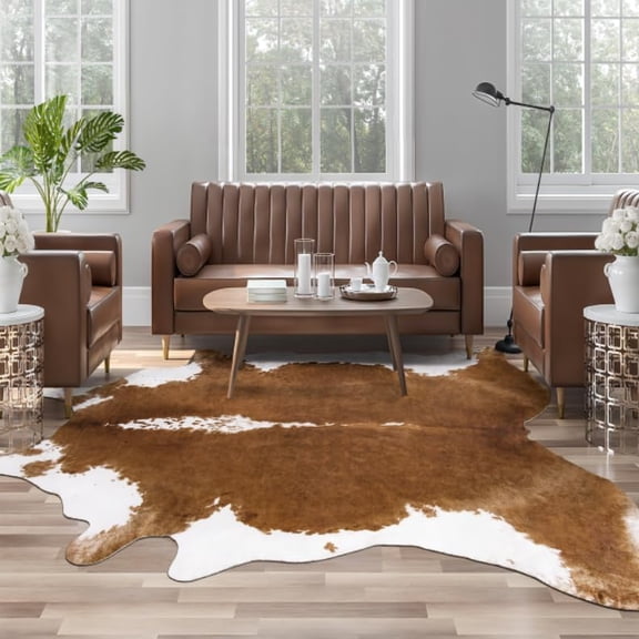 Premium Faux Cowhide Rug 4.6 x 5.2 Feet, Sturdy and Large Size Cow Print Rugs, Suitable for Bedroom Living Room Western Decor, Faux Fur Animal Cow Hide Carpet, Brown