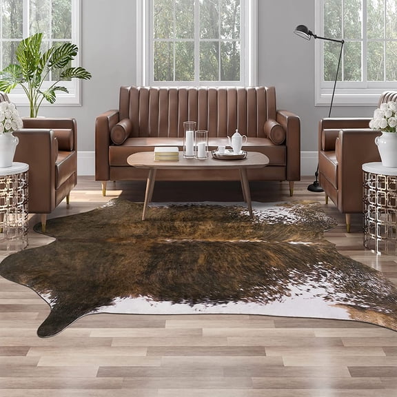 Premium Faux Cowhide Rug 4.6 x 5.2 Feet, Sturdy and Large Size Cow Print Rugs, Suitable for Bedroom Living Room Western Decor, Faux Fur Animal Cow Hide Carpet, Saddle Brown