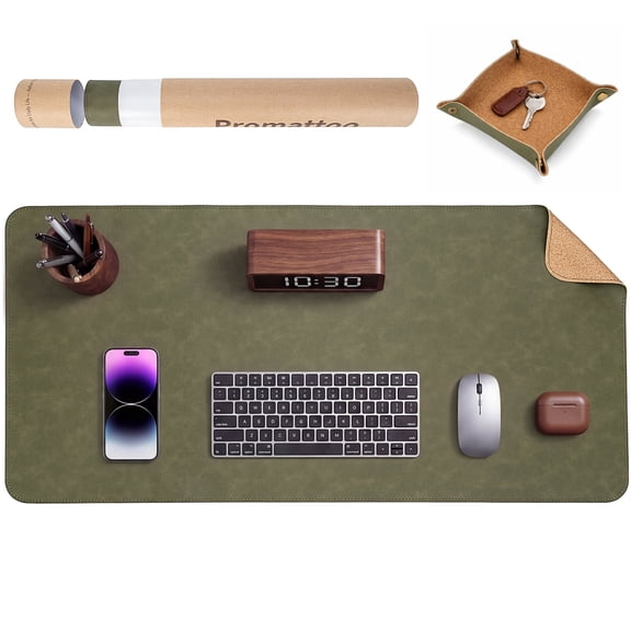 Promattoo 31.5" x 15.7" Waterproof Non-Slip PU Leather Desk Pad Protector with Storage Tray & Premium Gift Box, Desk Mat Blotter Writing Pad for Office, Home & Gaming,Olive Green