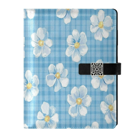 Premium Faux Leather Notebook - Refillable, Multi-Functional Organizer, 23.3x17cm, All-Season Use,Blue Gingham Flowers
