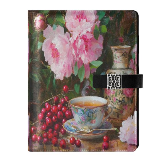 Premium Faux Leather Notebook - Refillable, Multi-Functional Organizer, 23.3x17cm, All-Season Use，Flowers and Cups